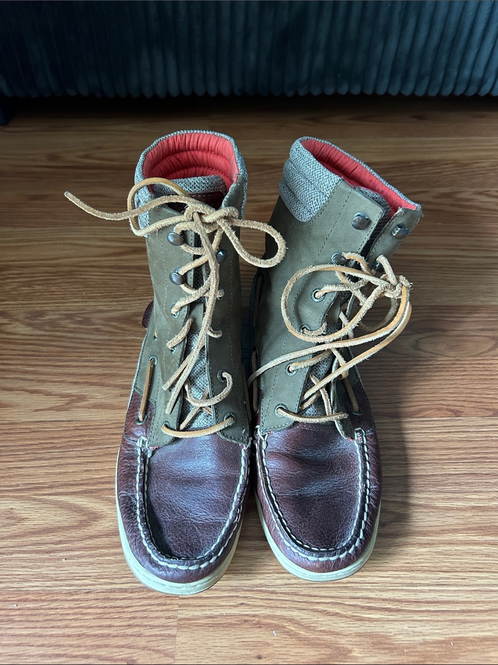 Sperry Two-Tone Leather Lace-Up Boots in Brown & Olive with Orange Lining
